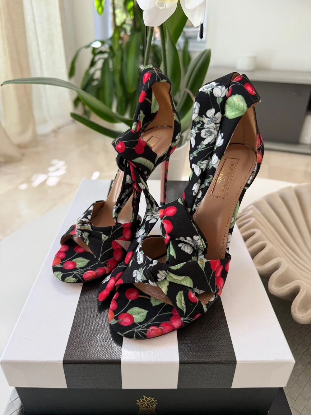 Aquazzura All Tied Up 105 Cherry Blossom Print Black Red Heels Sandlas size 36